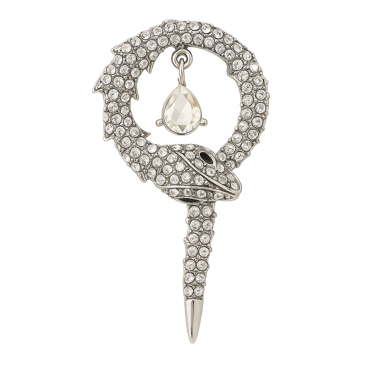 Snake brooch with silver-tone finish, densely set clear faceted stones, and hanging clear teardrop pendant, cutout on white.