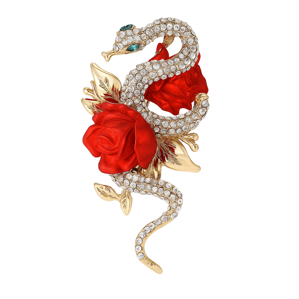 Snake brooch in gold-tone metal with clear pave-set stones, green eyes, and red rose detailing. Cutout on white background.