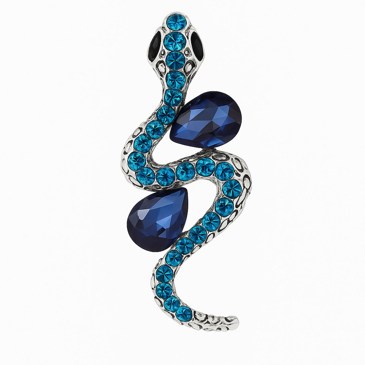 Snake brooch with silver-tone metal, blue faceted teardrop stones, and bright aqua round stones, cutout on white.