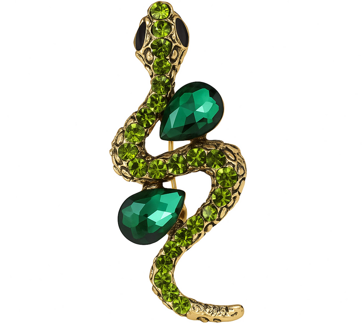 Snake brooch with gold-tone metal base, green faceted teardrop stones, and lime green round stones, cutout on white. Landscape crop for secondary use.