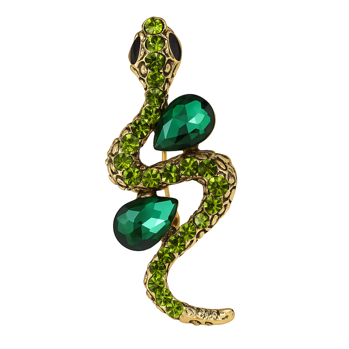 Snake brooch with gold-tone metal base, green faceted teardrop stones, and lime green round stones, cutout on white.