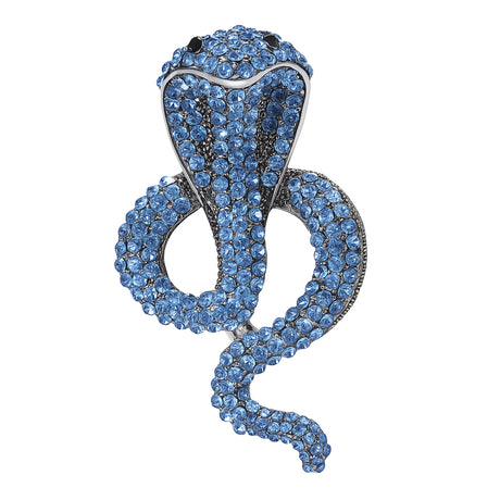 Cobra-shaped snake brooch with blue stones and silver-toned metal outline, cutout on white background.
