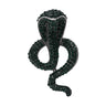 Cobra snake brooch with green stones and silver-toned metal base, cutout on white background.