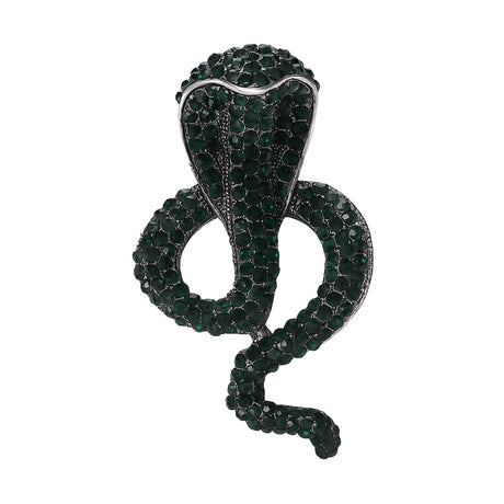 Cobra snake brooch with green stones and silver-toned metal base, cutout on white background.