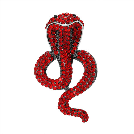 Cobra snake brooch with red stones and silver-tone metal outline, front-facing cutout on white.