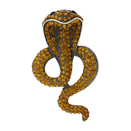 Cobra-shaped snake brooch with yellow-orange stones and silver-toned metallic trim, cutout on white background.