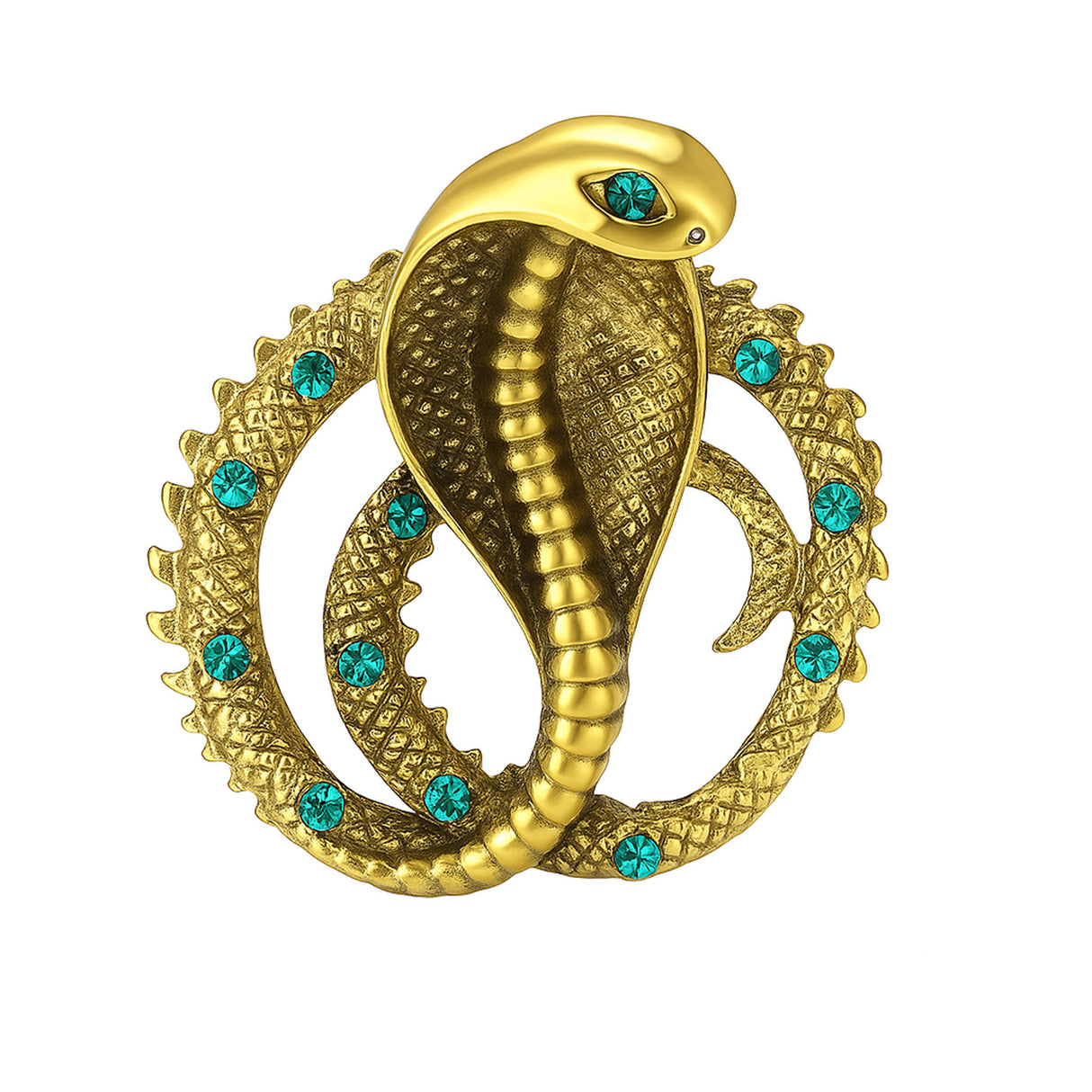 Cobra-shaped snake brooch with antique-inspired gold-tone metal finish, and teal-green faceted stones. Cutout on white background.