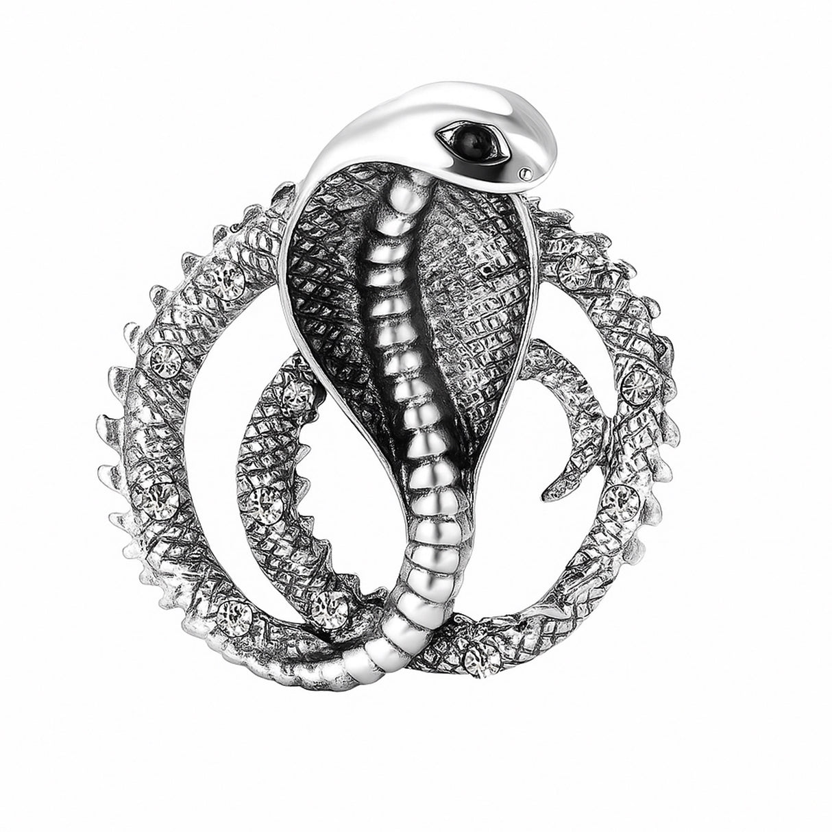 Vintage-style cobra-shaped snake brooch in textured silver-tone metal finish with clear faceted stone accents, cutout on white background.