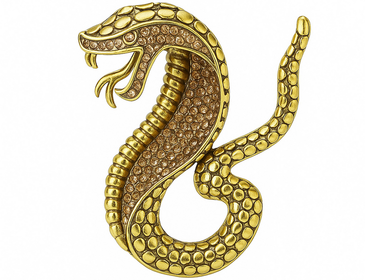 Snake brooch with gold-tone metal finish, textured body, and small light brown accent stones, cutout on white. Landscape crop for secondary use.