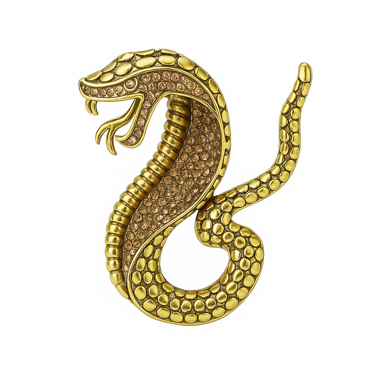 Snake brooch with gold-tone metal finish, textured body, and small light brown accent stones, cutout on white.