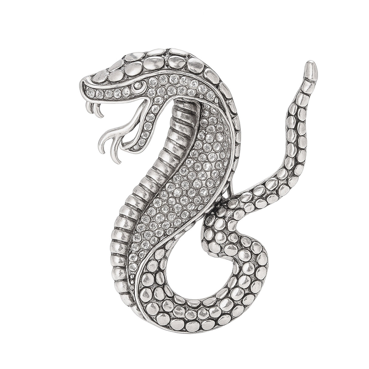 Snake brooch in silver-tone metal finish with clear stones and scaled texture, cutout on white background.
