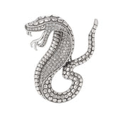 Snake brooch in silver-tone metal finish with clear stones and scaled texture, cutout on white background.