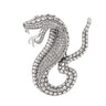 Snake brooch in silver-tone metal finish with clear stones and scaled texture, cutout on white background.