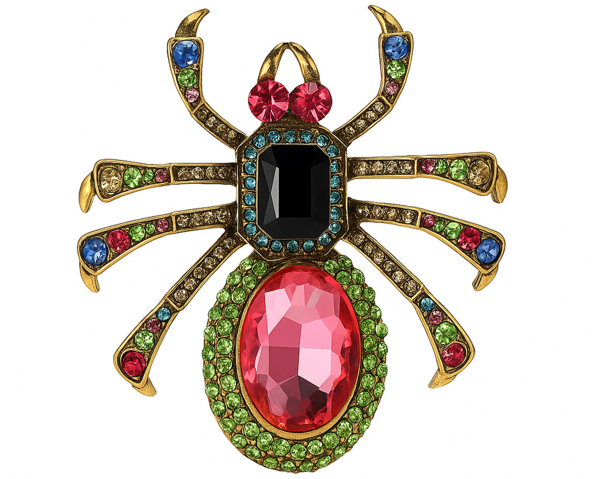 Spider brooch with bright pink and black faceted center stones forming the body, and multicolor stones on gold-tone legs. Cutout on white background. Landscape crop for secondary use.