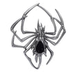 Spider brooch with dark silver-tone metal and black teardrop-shaped faceted center stone, cutout on white background.