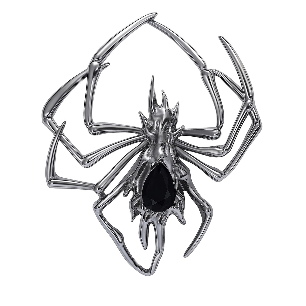 Spider brooch with dark silver-tone metal and black teardrop-shaped faceted center stone, cutout on white background.