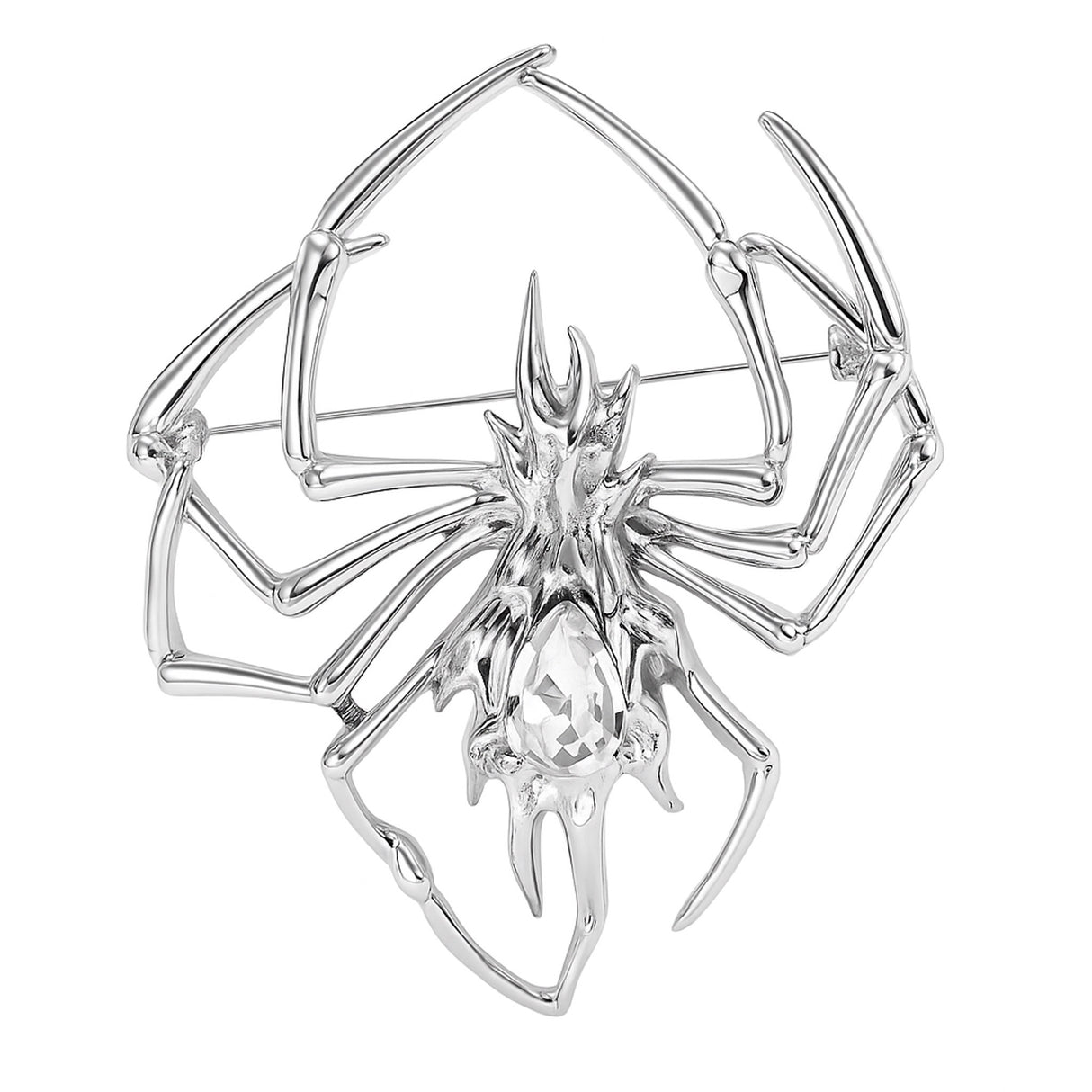 Spider brooch with clear teardrop-shaped faceted center stone set in silver-tone metal. Cutout on white.