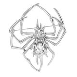 Spider brooch with clear teardrop-shaped faceted center stone set in silver-tone metal. Cutout on white.