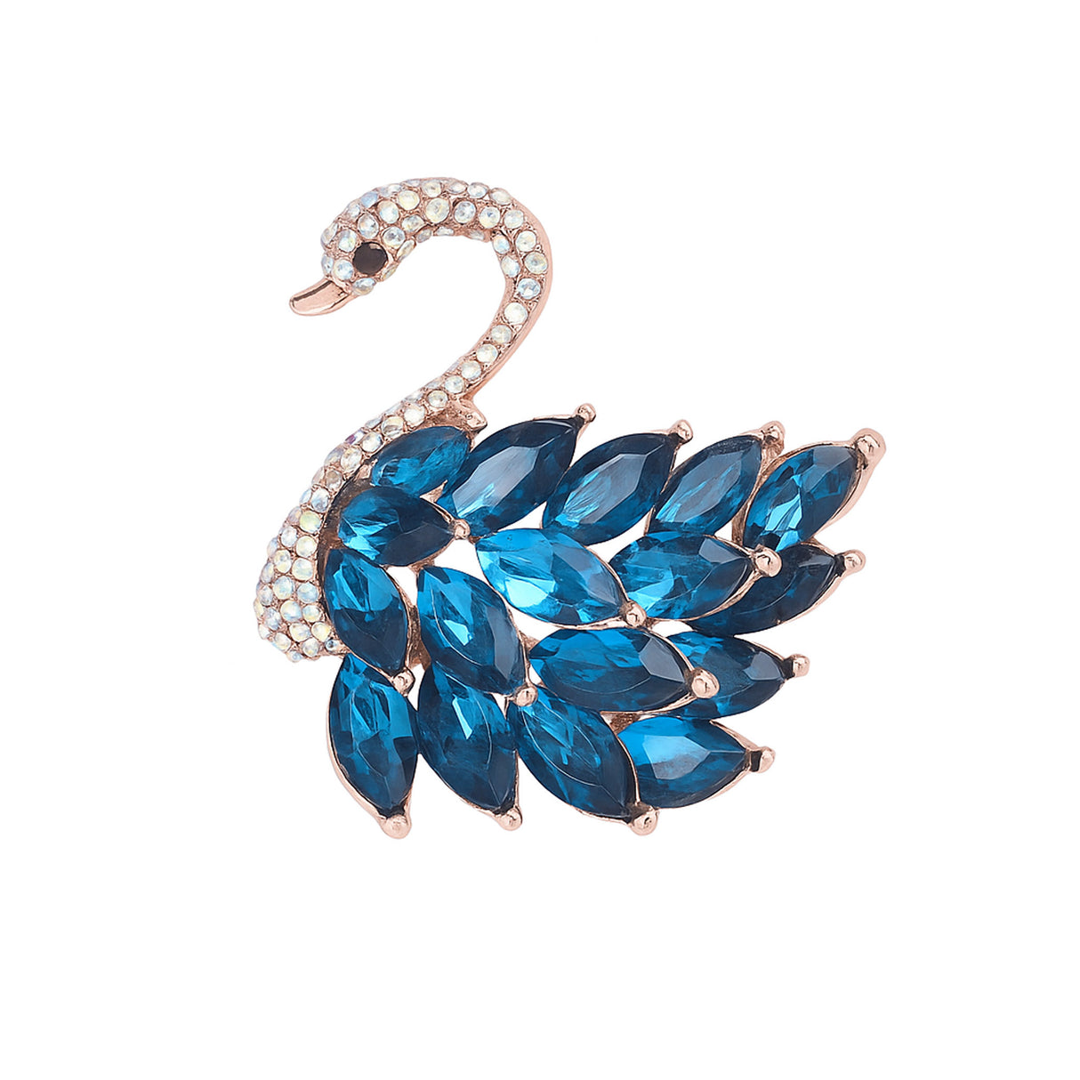 Swan brooch with rose gold-tone metal setting, blue marquise faceted stones as feathers, and pavé neck and head, cutout on white.