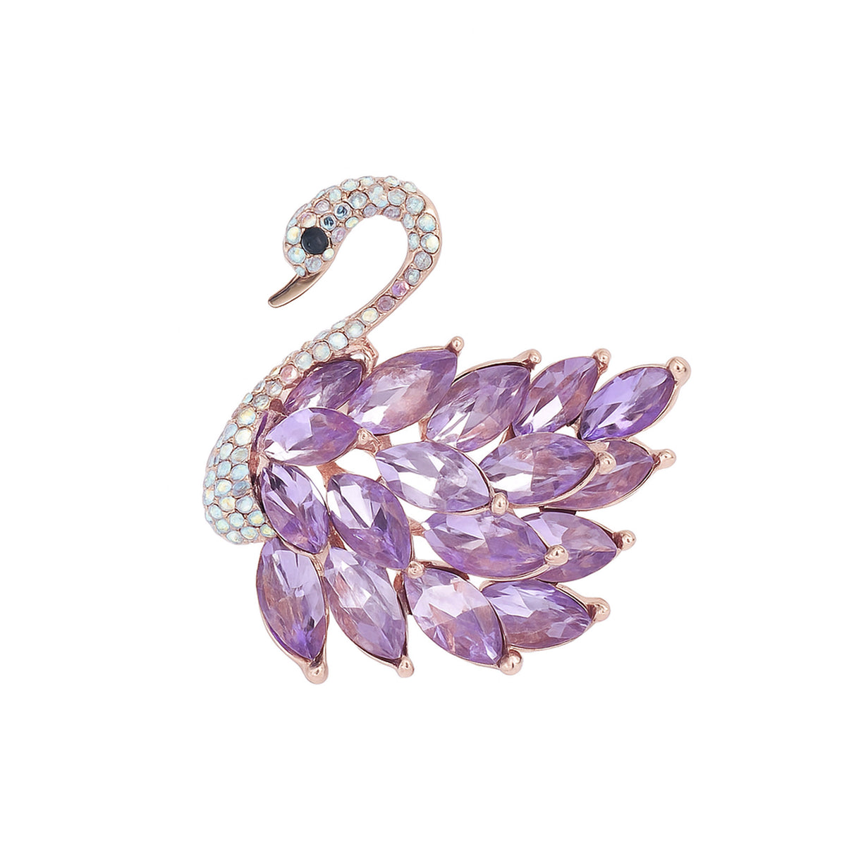 Swan brooch with rose gold-tone metal finish, purple marquise-cut faceted stones, and pavé detailing, cutout view.