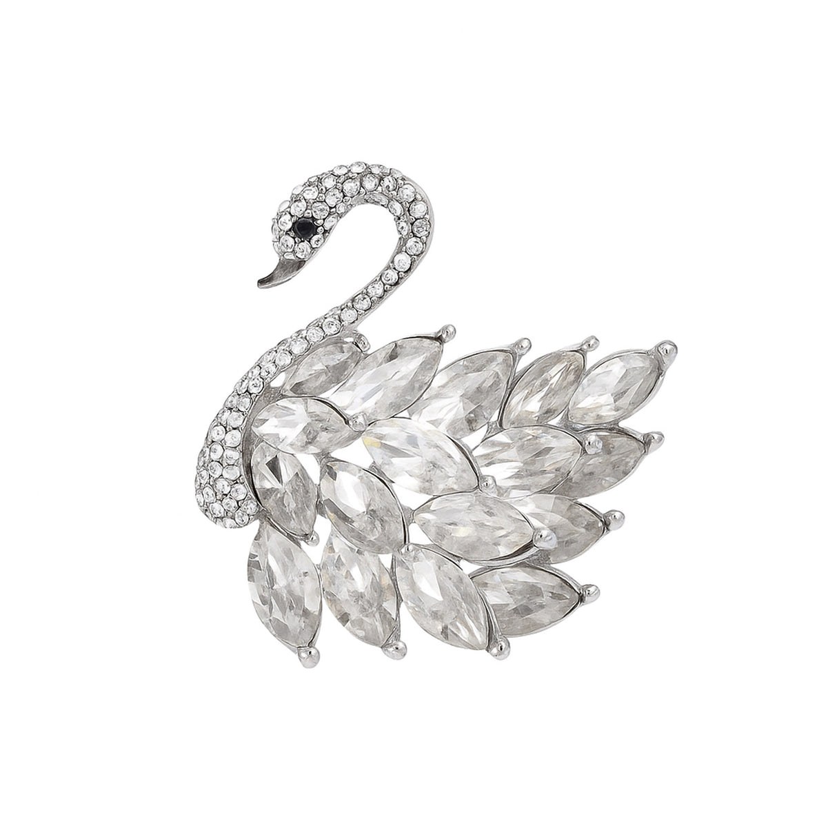 Swan brooch with silver-tone metal base, clear faceted marquise stones, and pavé crystal detailing, cutout on white.