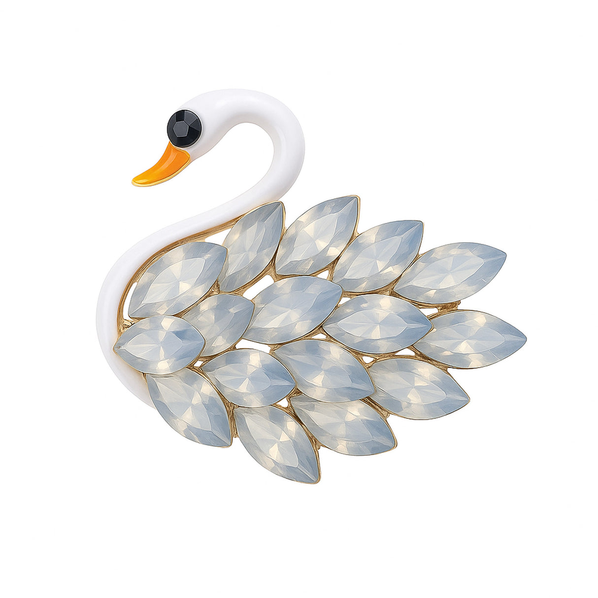 Swan brooch with white enamel body, orange beak, and translucent light stones, cutout on white background.