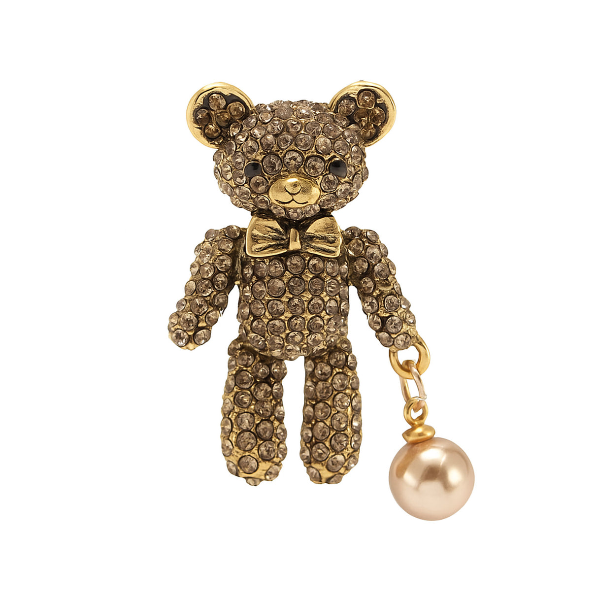 Teddy bear brooch with brown-tone stones, gold-tone metal body and bow, and matching bronze round bead charm, cutout on white background.