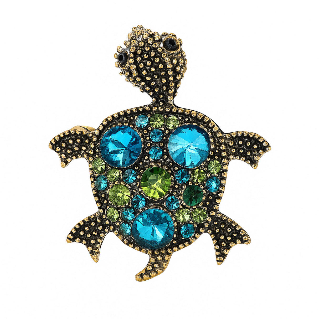 Turtle brooch with vintage-style gold-tone dotted metal finish, blue and green round faceted stones in various sizes, cutout on white.