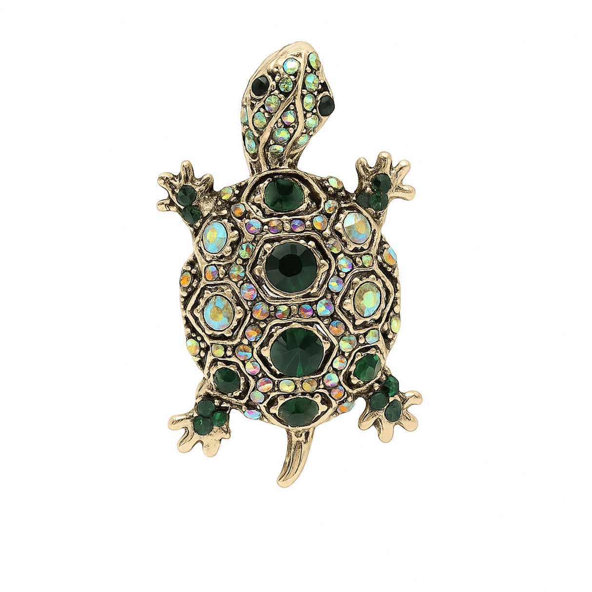 Tortoise brooch with gold-tone metal finish, dark green center stones, and iridescent green accents, cutout on white.