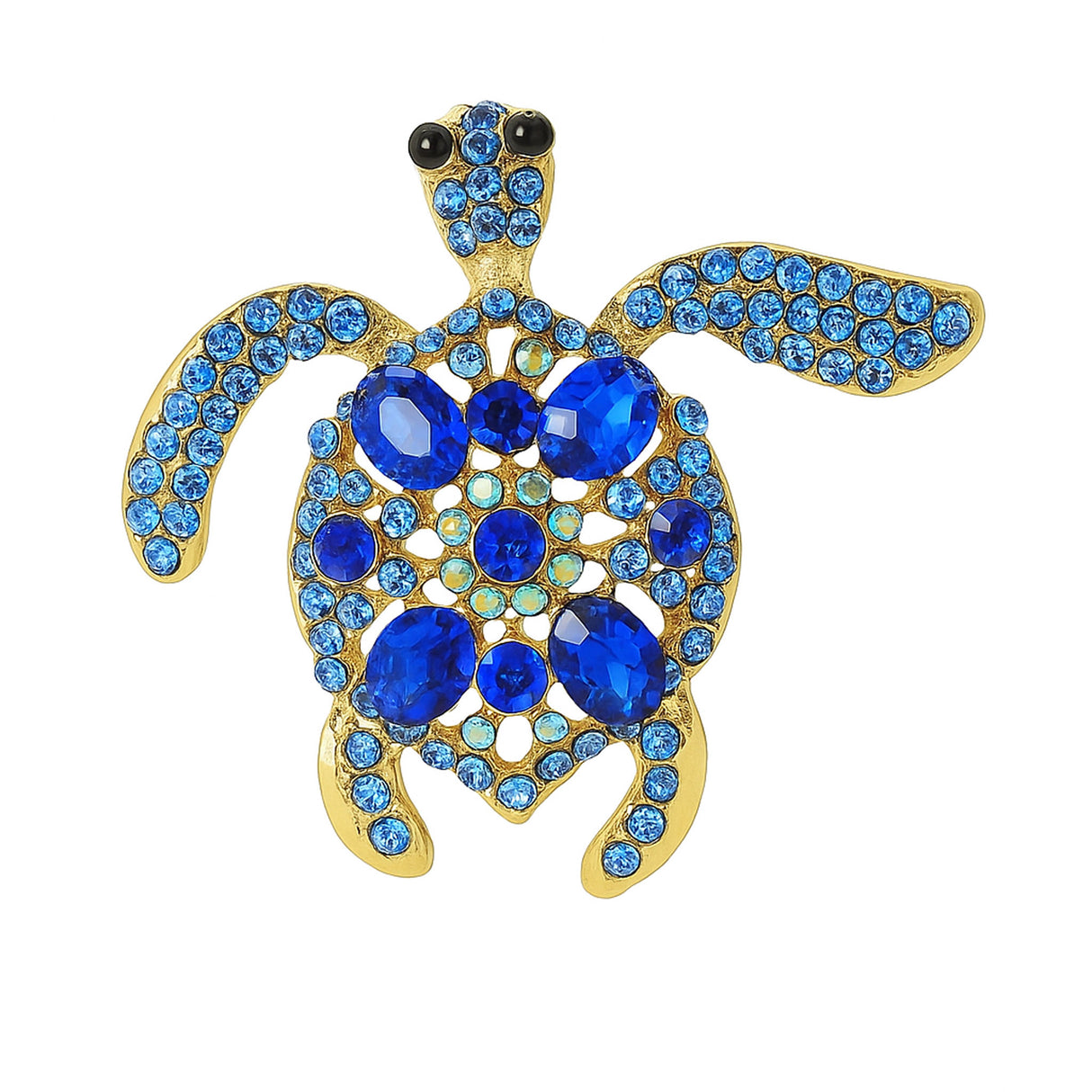 Sea turtle brooch in gold-tone metal base, with blue faceted center stones surrounded by small round accent crystals. Cutout on white background.