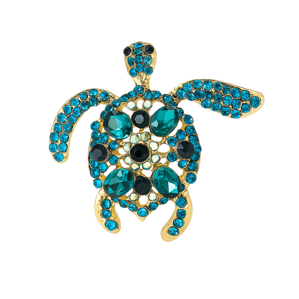 Sea turtle brooch with gold-tone metal, teal and green faceted stones with black accents, cutout on white background.