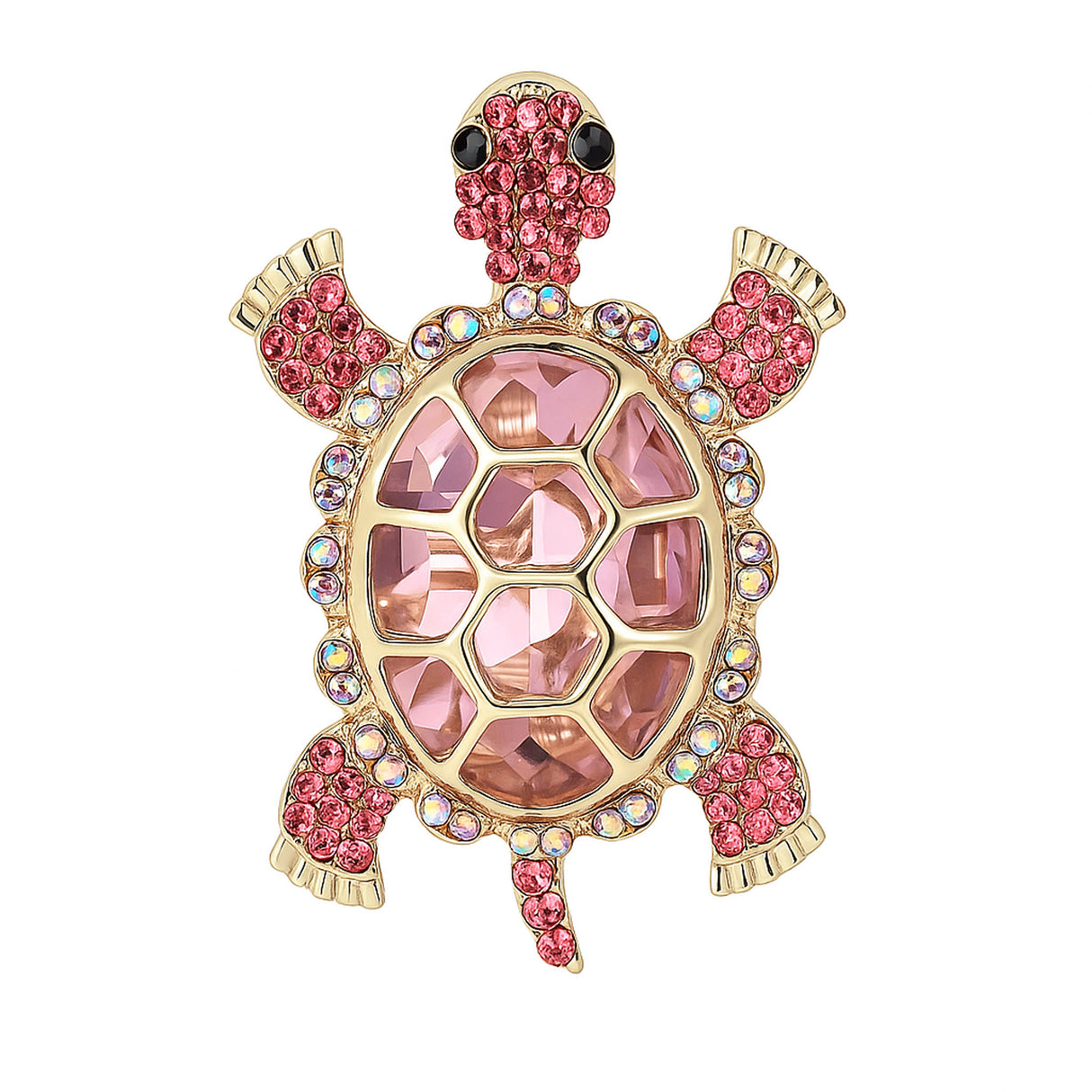 Tortoise brooch with large pink faceted center stone, small round accents, and gold-tone edging. Cutout on white background.