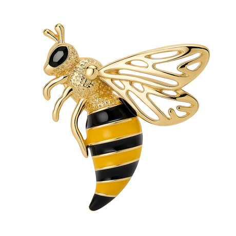 Wasp brooch with gold-tone finish, black and yellow enamel stripes, textured body, and openwork wings, cutout on white.
