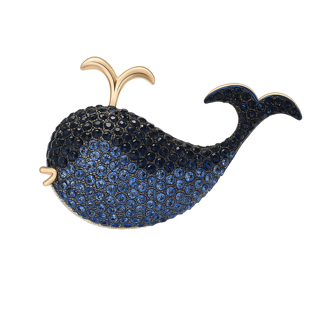Whale brooch decorated with blue faceted pave stones and gold-tone spout, cutout on white background.